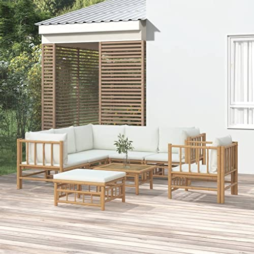 QZZCED Gartenmöbel-Sets Garten-Loungemöbel Terrassengarnitur Balkonmöbel-Set 8-TLG. Garten-Lounge-Set mit Cremeweißen Kissen Bambus für Garten, Terrasse und Balkon