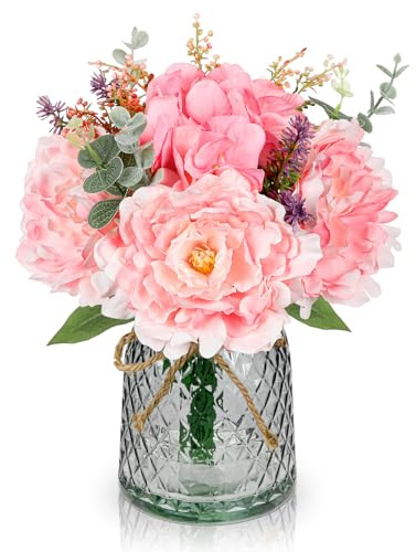 Oaise - Flores artificiales con florero, peonía artificial, hortensias, flores de seda rosa, arreglo floral realista para el hogar, cocina, sala de estar, centros de mesa, oficina, boda, decoración de