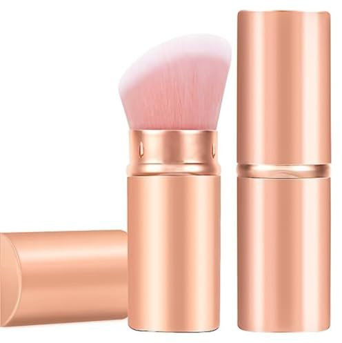 FANGHUIER Kabuki Foundation Brush Retractable for Travel, Blusher for Cheeks, Liquid Makeup (Aluminum Tube Pink Gold)