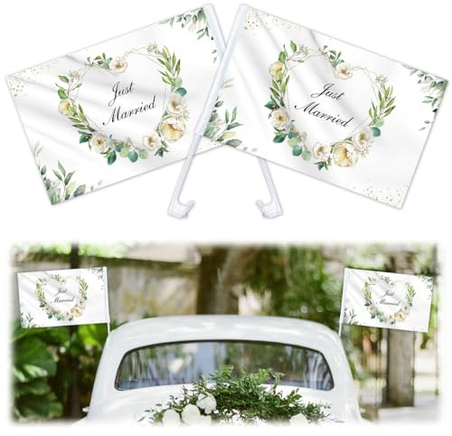 2 Stück Hochzeit Auto Deko, Just Married Autofahne, Fahnen für Wedding Auto, Hochzeitsauto Deko, Hochzeitsdeko Fahne(47×30cm）