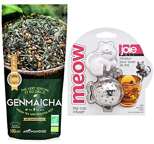 Boule à thé chat blanc-poisson + thé vert Genmaicha 100 g