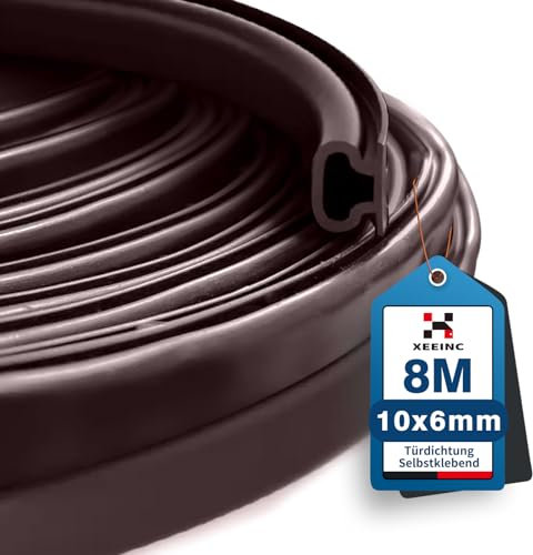 XEEINC 8m Burlete Puerta Ventana, 10mm(W) x 6mm(D) Burlete Goma Tira Sellado para Puerta Entrada, Autoadhesiva Burlete Junta Puerta Casa Aislante Frío, Ruido - Marrón