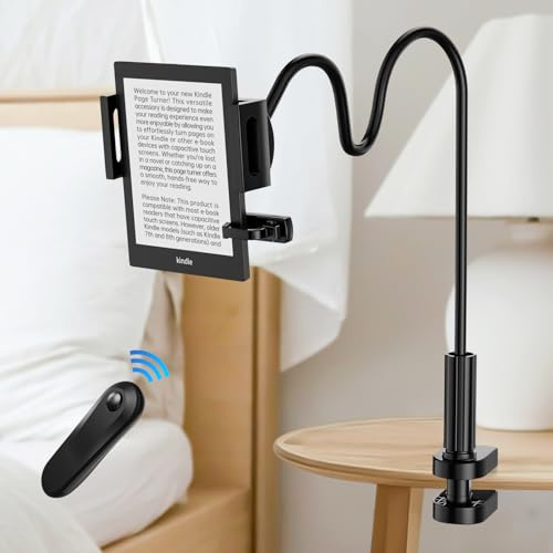 Kindle Holder with Remote Page Turner, Kindle Stand for Bed Reading, No Text Blocked 6mm Clip, No Margin Adjustments, Whisper-Quiet Page Turns, Fits 4.7-10 Devices (Paperwhite/Oasis, iPad/iPhone)