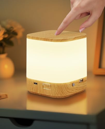 Homefire LED Nachttischlampe Touch Dimmbar - 3600mAH Akku Nachtlicht | Dimmbare USB Aufladbar Holzmaserung Tischlampe Kabellos mit 3 Farbtemperatur&Timing Nachtlampe für Kinder