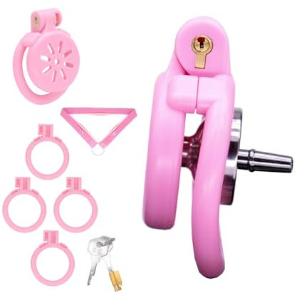 Flacher Peniskäfig Sex Spielzeug für die Männer Inverted Chastity Cage mit 4 Verschieden Großen Ringen Keuschheitskäfig mit Verdecktem Schloss und Gürtel für Mann Penis Bondage (M,Pink)