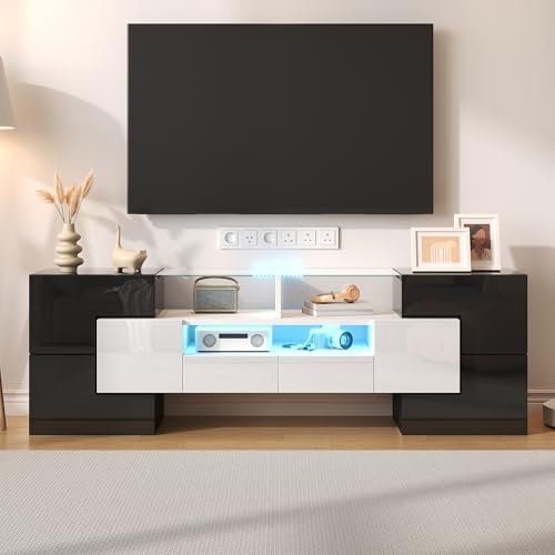 Merax Meuble TV 145 cm blanc brillant avec éclairage LED multicolore, 6 portes, 2 tiroirs, 145 x 30 x 51 cm, noir et blanc