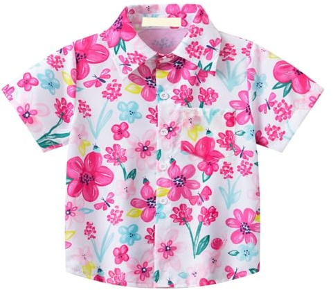 Mjjsk Camisas hawaianas para niños y niñas, camisa de manga corta con botones para verano, playa, estampado de dibujos animados tropicales, camisas para vacaciones, camisetas casuales para niños, A01