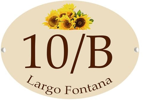 Numero Civico Personalizzato per Esterno Ovale - Ceramica cotta a 900°, Made in Italy Colori Indelebili e Resistenti - Disponibile su varie misure (Beige Girasoli, 9x12 cm)