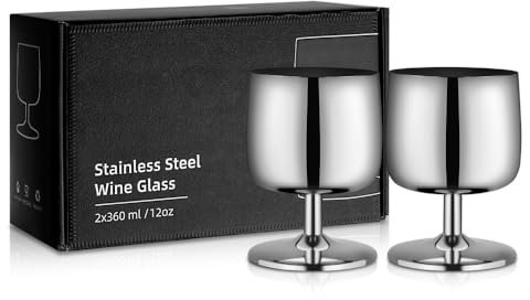 HOTENEAIRE 2 Pack Stainless Steel Wine Glasses, 12oz/360ml Unbreakable Stemmed Wine Glass, Silver Metal Shatterproof Wine Goblet for Champagne, Indoor Outdoor, Party Christmas