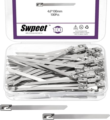 Swpeet Kit assortito di 100 fascette in acciaio inossidabile 304 da 100 mm/3,9 pollici, fascette metalliche multifunzione, fascette autobloccanti resistenti per macchinari, veicoli, aziende agricole