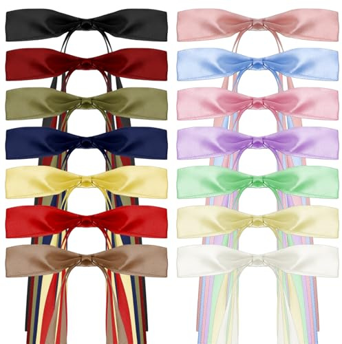 Kifmurase 14Pcs Satin Hair Bows Clips for Women Girls, Hair Ribbons Bowknot Clips and Barrettes with Long Tail Metal Clip French Barrette Accessories (14 Color Mixing)
