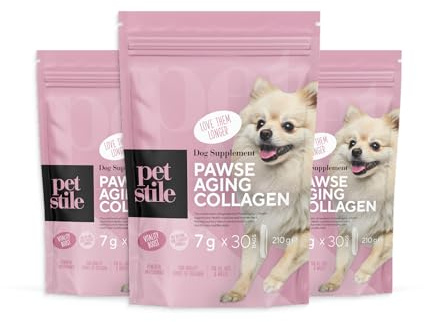 Petstile Pawse Aging Collagen – Natürliches Anti-Aging-Pulver für Hunde mit Dreifach-Kollagen, Vitaminen & Präbiotika – Für Haut, Fell, Gelenke, Verdauung & Immunsystem (3X 210 g)