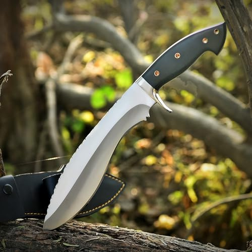 TATLA CRAFT Handmade D2 Steel Kukri Machete Knife - Bushcraft Hunting Camping Knives Fixed Blade Hunting Knifes with Sheath and Micarta Handle - 15″ EDC Cutting Knife - Black Horse