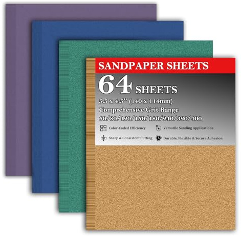 64 Pcs 1/4 Sheet Sandpaper, 60/80/120/150/180/240/320/400 Grit Sand Paper Assortment Pack for Wood Metal Automotive, 5.5 x 4.5 Premium Sandpaper Sheets for Drywall & Palm Sanders
