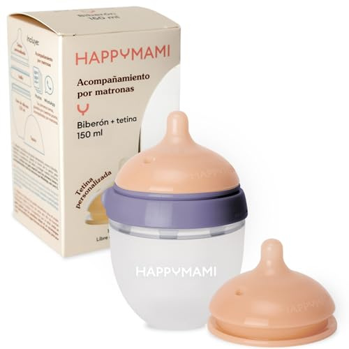 Happymami,Set aus personalisierter Anti-Kolik-Silikonflasche + Sauger, anatomisches Design, mit zusätzlichem Sauger, BPA-frei. (Violett 150 ml)
