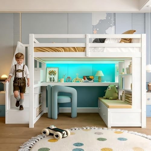 Su & Chan Legence Hochbett 140x200 mit Schreibtisch, Kinderbett aus massivem Kiefernholz mit Stauraumtreppe, Schubladen, Regalen und LED Beleuchtung, Weiß