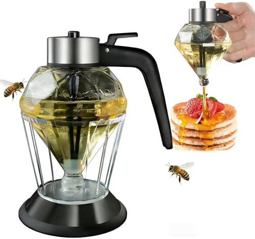Glass Honey Dispenser No Drip with Base 2026 Upgrade, 8oz Honey Jar pot with Handle, Syrup Dispenser for Coffee or Tea, Mess Free Honey Dispenser for Honey Syrup Olive Oil, Maple Syrup Honey Container