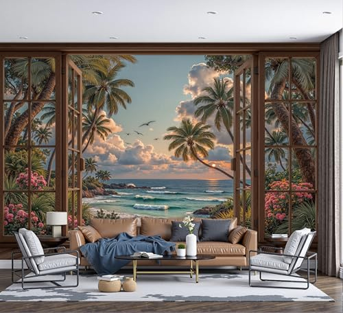 Papel Pintado Estilo Tropical 200 × 140 Cm Fotomurales Para Pared 3D, Ventanas Madera Palmeras En 3D Papel Tapiz Pintado En Tejido De Seda - Pared Moderna,Marrón Murales Fotográficos Decorativos