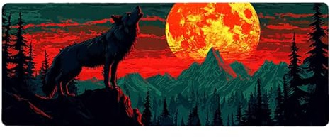 Large Mouse Mat, 90x180cmx3mm, Gaming Mouse Pad, Rubber Base, Stitched Edges, Water Resistant Easy Clean, For All Types, Extend Desktop Protection, Office Men's Gifts, Sunset Wolf D1YY-741