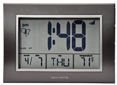 AcuRite Atomic Alarm Clock with Date, Day of Week and Temperature, 0.5, Grey