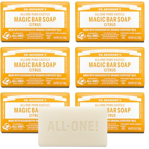 Dr. Bronner's Pure-Castile Magic Soap Bar (Citrus, 5 oz, 6-Pack)- Bath Soap with Regenerative Organic Certified Oils - For Face, Body & Hair - Gentle, Vegan - Bars for Men & Women