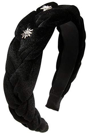 Alpenflüstern Trachten-Haarreif Samt Flechtoptik & Strass-Edelweiß - Damen Haarschmuck rutschfest, Haarband geflochten fürs Dirndl (schwarz) ADV129