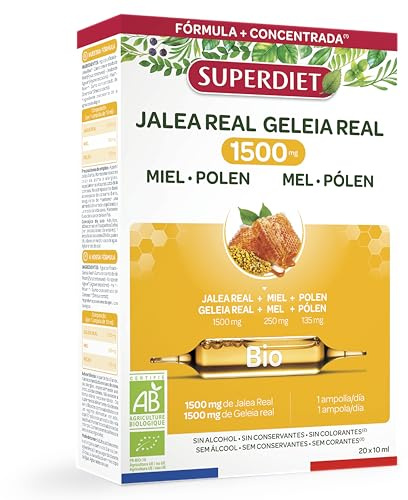 SUPERDIET - JALEA REAL 1500 mg MIEL POLEN BIO - DEFENSAS DE LA INMUNIDAD - Fabricado en Francia - 20 Ampollas de 15ml