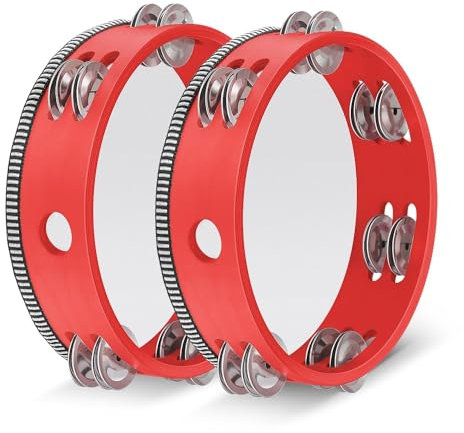 Flexzion Tamburin, Handtrommel mit Handgriff - 2er-Pack, 20cm Schellenkranz in Mond-Form aus Holz, Musik Schlaginstrument, zweireihige Schellenring mit 12 Paar Metall Schellen, Rot