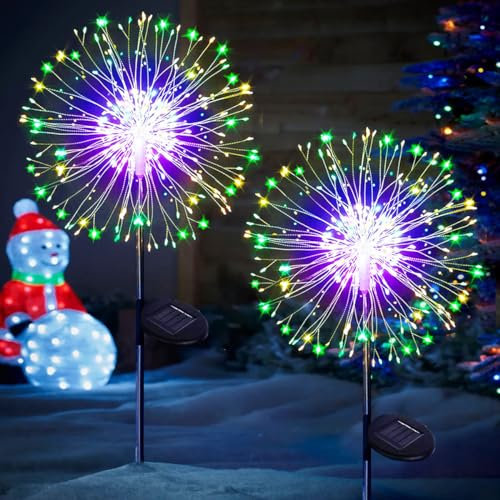 Joycome Solarleuchten für Außen Garten 2 Stück 120 LED Solar Pusteblume Gartenbeleuchtung, 8 Modi Solarlampen Gartenstecker Winterfest Solarlicht Feuerwerk für Balkon Blumenkasten Deko - Mehrfarbig