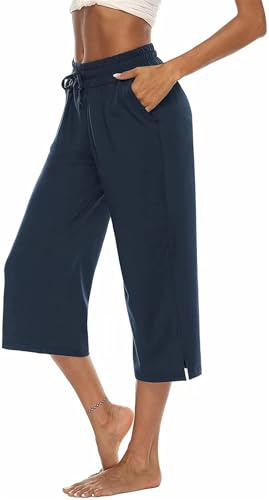 ASKSA Femme 3/4 Pantalon Capri à Jambe Large Pantalons de Pants Jogging de Yoga en Couleur Unie Vrac D'été avec Poches (Bleu Marine,M)