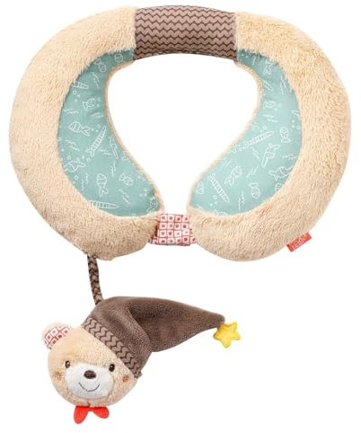 Fehn Nackenstütze Bär – Nackenkissen mit kleinem Rassel-Tier – Ergonomische Form des Nackenhörnchens stützt, entlastet und bietet sicheren Halt in Auto, Babyschale oder Kinderwagen