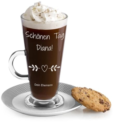 Maverton Latte Macchiato Glas mit Gravur - 360 ml - Cappuccino Tasse mit Henkel - Trinkglas für Kaffee - Kaffeezubehör - Kaffeeglas für Frauen - zum Geburtstag - personalisiert - Schönen Tag