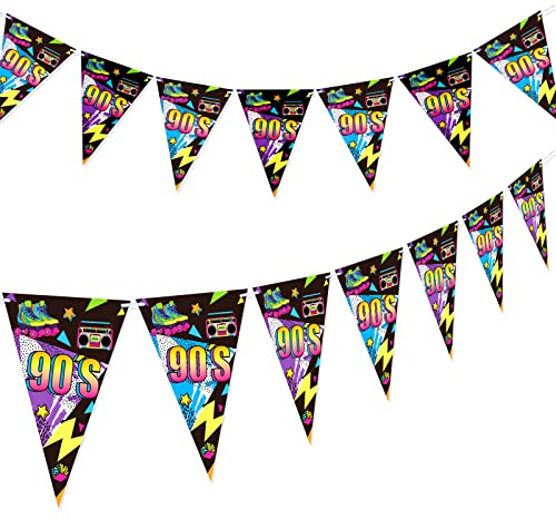 Tenare 2 Stück 90er Wimpelketten Party Deko Flagge Wimpel Banner Dekoration 90er Jahre Accessoires für Hip Hop Rückblick Erwachsene Geburtstag Party