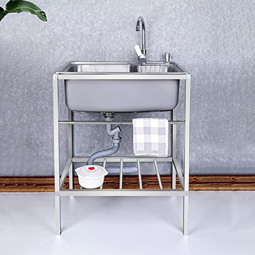 Spüle Edelstahl,Edelstahl Waschbecken für den Außenbereich,Outdoor Garage Garten Camping Keller Ausgussbecken mit Backsplash Abfluss Sieb,Spülbecken mit Warm Kaltwasserhahn (Color : Single cold, Si