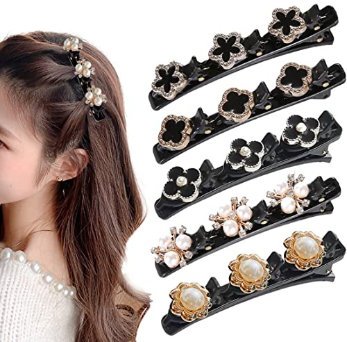 SJBAUTYO 5 Fermagli per Capelli Intrecciati in Cristallo, perline di strass, fermagli per capelli con mollette,Fermaglio per Capelli Laterale a Tre Fiori per Donne e Bambini