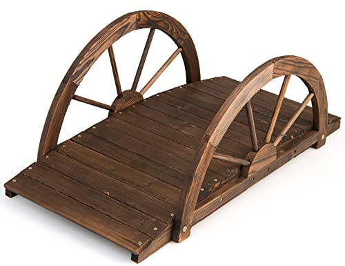 COSTWAY Pont de Jardin en Sapin Carbonisé Charge Maximale 75KG, Pont sur Étang 101,5x48,5x38CM avec des Garde-Corps en Demi-Roue, Décoration du Jardin pour Patio Cour