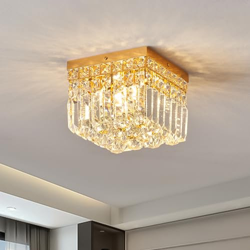 CEENLI Mini Modern Square Crystal Flush Mount Gold Chandelier 7.8 inch Ceiling Light Fixture 4-Lights G9 Bulb for Closet Foyer Hallway Bedroom Living Room Dining Room Entryway Plating Finish