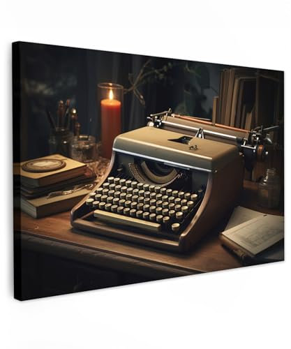 MuchoWow© Bild auf Leinwand Klein 30x20 cm Mini Schlafzimmer Bilder Wand Deko Wohnzimmer Modern Wanddeko Bilderwand Geschenk Vintage - Schreibmaschine - Kerze - Alt - Schreibtisch