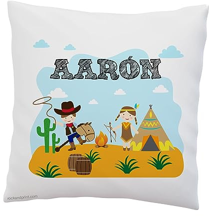 Cojín INDIOS VAQUEROS. Personalizado 40x40 cm, incluye relleno. Decoración Habitación infantil. Almohadón Colegio Guardería. VUELTA AL COLE