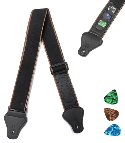 Norhogo Gitarrengurt Geflochtene Verstellbare Gurte mit Plektrumhaltern, Nylon Gitarrengurt für Akustische, Klassische, Elektrische und Bassgitarren, Kommt mit 3 kostenlosen Gitarrenplektren-Schwarz