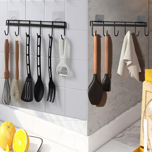 Nmgkokew 2 pezzi Porta Utensili da Cucina,Portautensili Cucina con 6 Ganci,Ganci per Utensili da Cucina Senza Foratura per Cucina/Bagno (Nero)