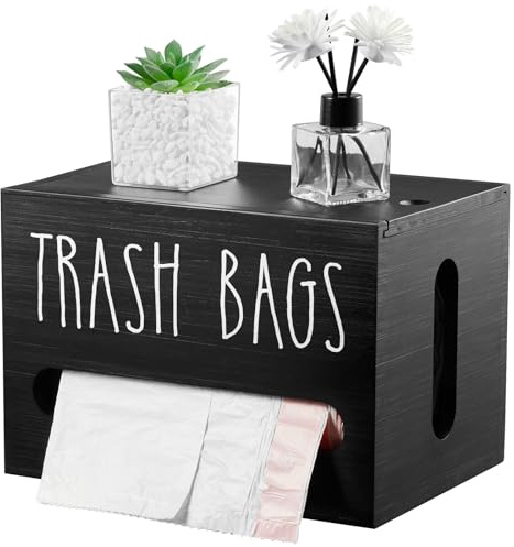 DRASTAR Trash Bag Dispenser, Large Wooden Trash Bag Holder Wall Mount, Black Roll Holder for for 13-gallon Plastic Garbage Bags Dispenser Countertop, Under Kitchen Sink Organization