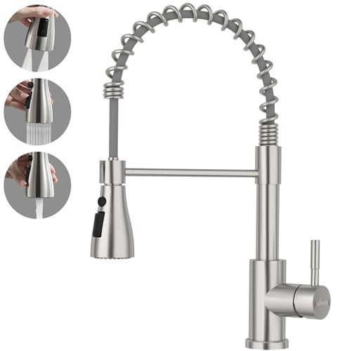 APPASO Rubinetto da cucina, rubinetto da cucina con doccetta ad alta pressione, miscelatore da cucina con 3 tipi di getto, girevole a 360°, senza piombo/nichel in acciaio inox spazzolato | doppie lame