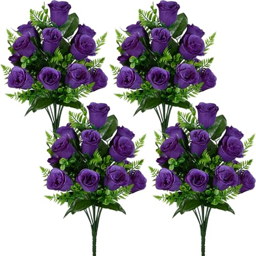 SIFOEL Ramo de Flores de Rosa Artificial Realista Rosa de Seda Flores Falsas para Boda casa centros de Mesa Fiesta Cementerio Tumba decoración (4, Morado)