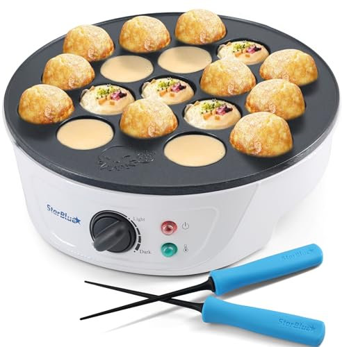 StarBlue Takoyaki Maker Machine Machine with Free Takoyaki Picks - Control de temperatura de 18 agujeros, 220 V, 60 Hz, 700 W, Enchufe del Reino Unido Y Adaptador Europeo