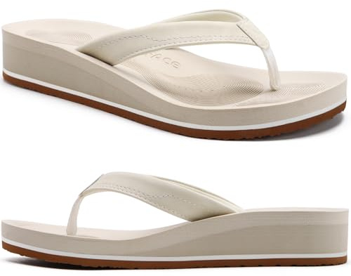 COFACE flip flops dam läder platta tåseparator badtofflor för sommar strand kvinnor kilklack tangasandaler med mjuk yogamatta, Beige vit, 41 EU
