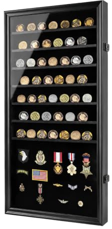 Jinchuan Military Challenge Coin Display Case Lockable Cabinet Holder Shadow Box with Removable 2 Grooves Shelves and Anti Fade Acrylic Glass for Casino Poker Chips Collectibles, Extra Large - Black