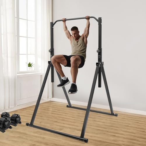 Faltbar Power Tower Dip Station Klimmzugstange Freistehend Höhenverstellbar Pullup Bar Stabiler Dreiecksstruktur für Home Gym, bis 200 kg Belastbar