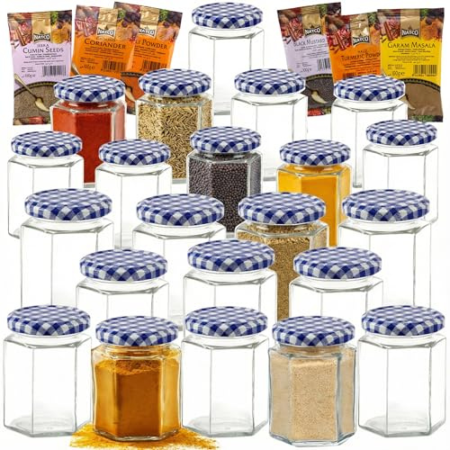 Offer Shop Glass Jars Canning Jar for Honey Hexagonal Food Storage Jars for Spices Salt| 280ml Blue Lid Jars 22 Pack with 8 SPICES | Quality Glass Jars for Home