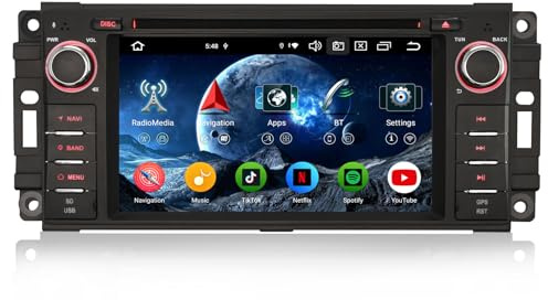 Erisin 8-Núcleo 4GB+64GB Android 14 Radio Coche Bluetooth GPS Navegación para Jeep Kompass Wrangler Dodge Challenger Chrysler CarPlay Android Auto WiFi DSP Dab+ OBD2 CD FM Canbus Pantalla táctil